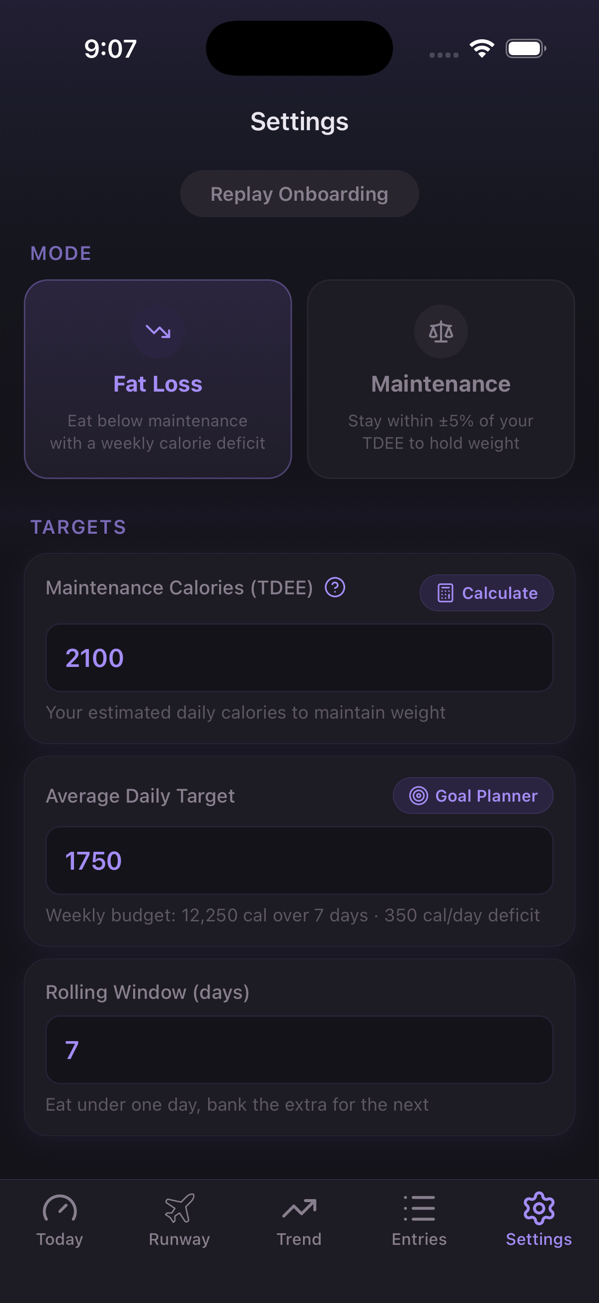 Calorie Runway settings showing fat loss and maintenance mode toggle